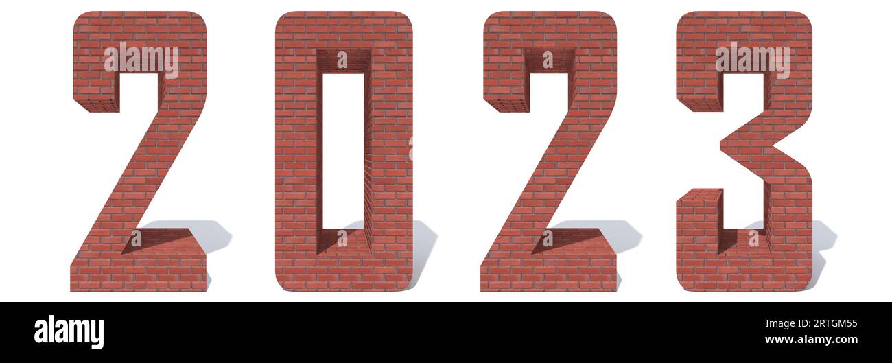 Konzept oder konzeptionelles 2023 Jahr aus roten schweren, rauen Ziegeln isoliert auf weißem Hintergrund. Eine abstrakte 3D-Illustration als Metapher für die Zukunft, Stockfoto
