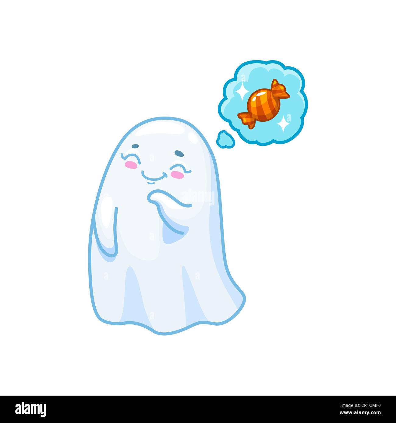 Halloween kawaii Geistercharakter träumen von Süßigkeiten und zuckersüßen Leckereien. Vektor-Baby-Spuk mit rosigen Wangen und einem glücklichen Gesichtsausdruck, der mit geschlossenen Augen und Wolken mit Süßigkeiten über dem Kopf schwebt Stock Vektor