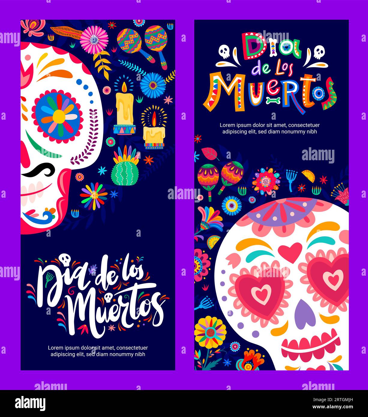 Dia de Los Muertos oder Day of Dead Feiertagsbanner mit mexikanischen Kalavera-Schädeln, Vektorhintergrund. Mexiko Dia de Los Muertos Karneval fiesta Grußkarten mit Schädeln in floralen mexikanischen Ornamenten Stock Vektor