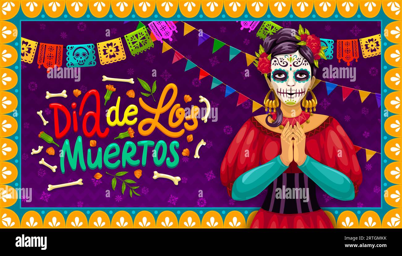Mexikanisches Dia de Los Muertos Weihnachtsbanner mit Catrina calavera, Vektorpapel Picado Flaggen Rahmen. Dia de Los Muertos und Day of Dead Catrina calavera mit Schädeln, Knochen und Ringelblumen für die fiesta Stock Vektor