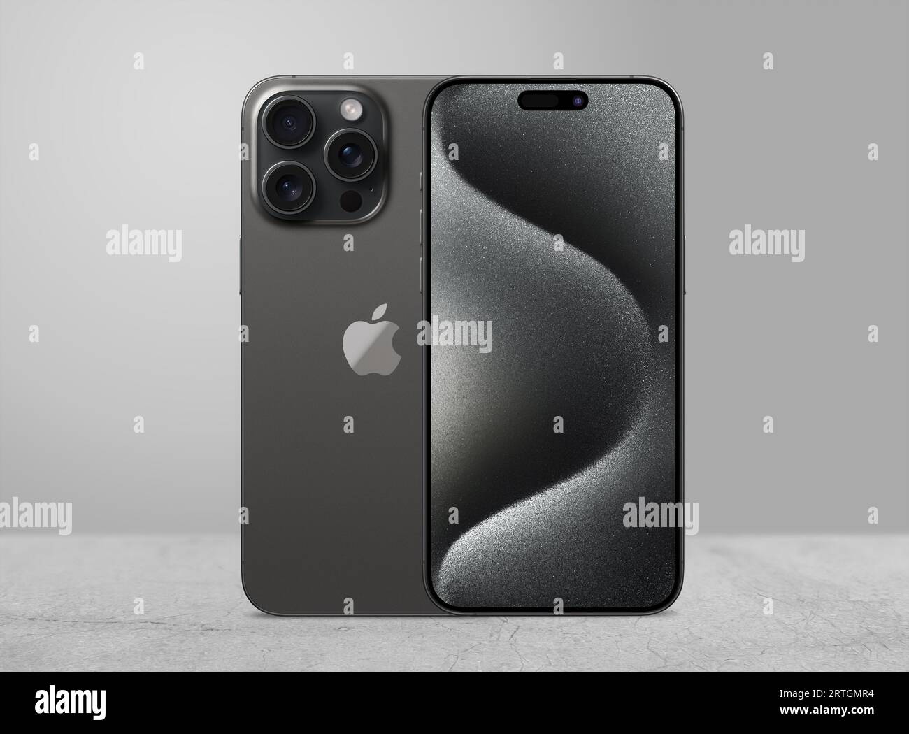 Antalya, Türkei - 12. September 2023: Neu veröffentlichtes iPhone 15 pro max Mockup Set mit Rücken- und Vorderwinkel Stockfoto