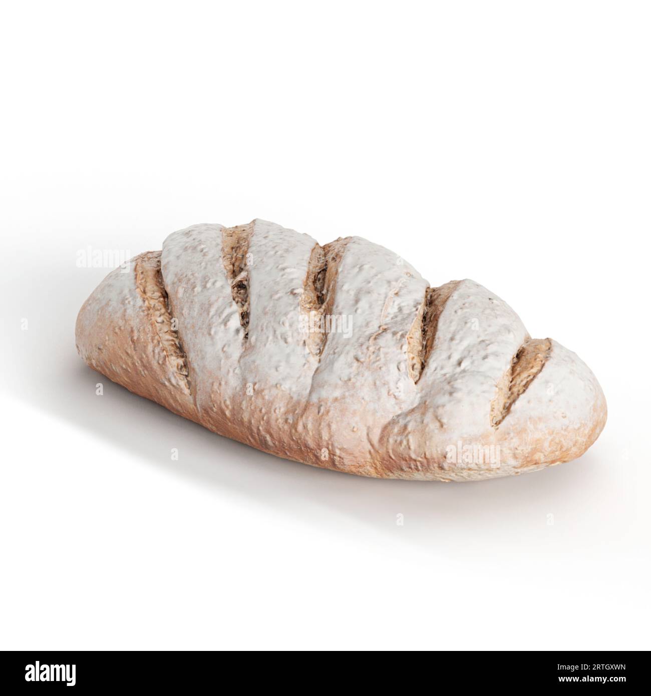 Ein 3D-Rendering eines frisch gebackenen Brotlaibs auf weißem Hintergrund. Stockfoto