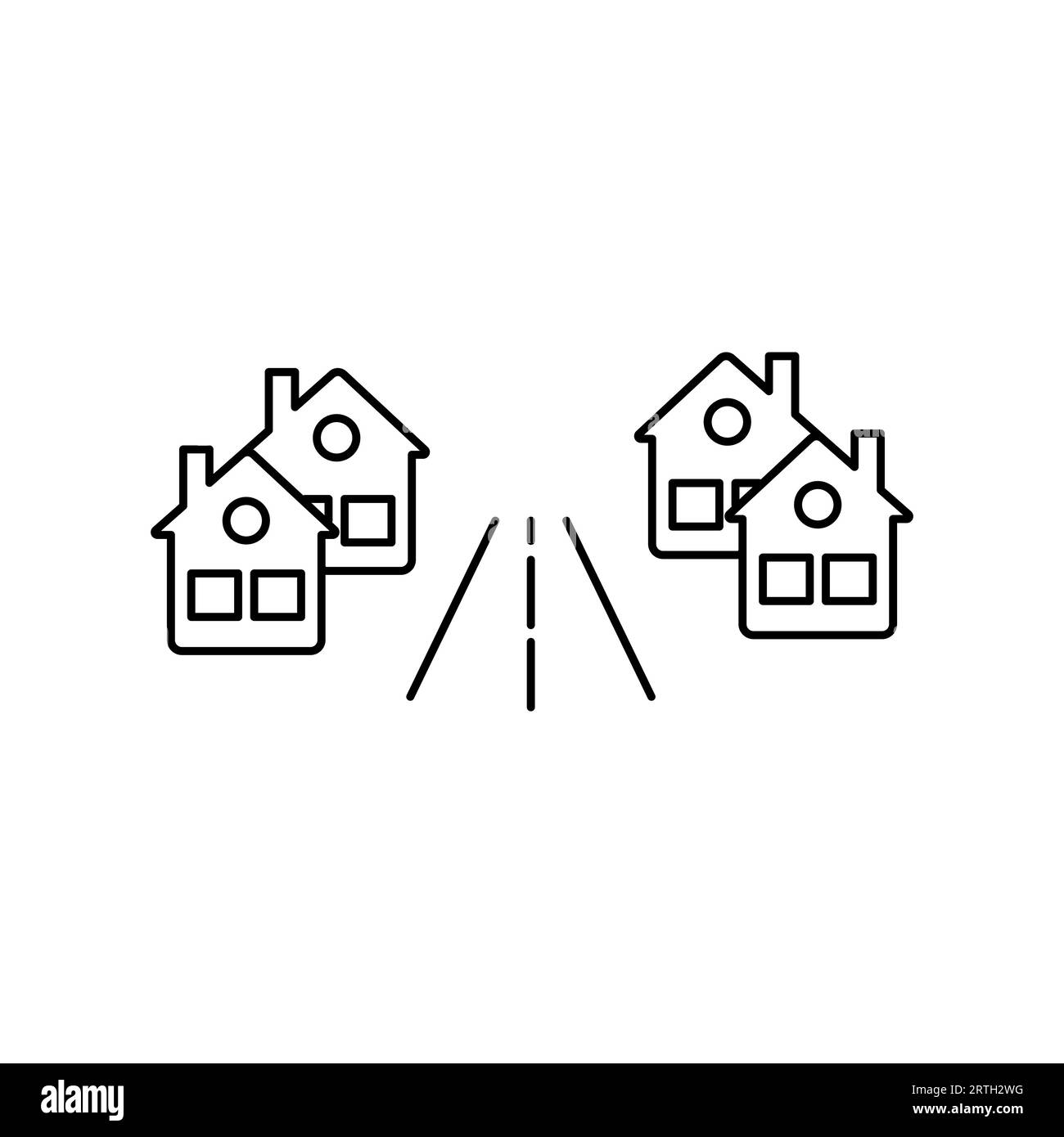 Nachbarschaftshaus, Linienkunst Straßengebäude, Immobilienarchitektur, Wohnung. Fassadenhaus in ländlicher Stadtlandschaft. Stock Vektor