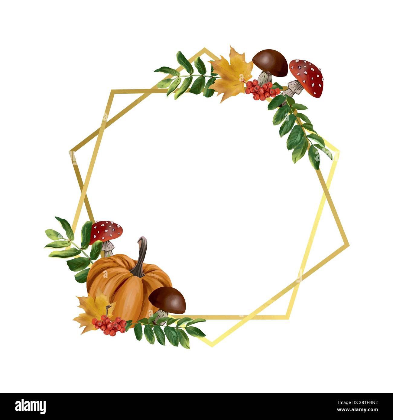 Goldener geometrischer Rahmen im Herbst. Vektorillustration mit Kürbis, Pilzen, Blättern. Designelement für Grußkarten, Einladungen, Herbstbanner. Stock Vektor