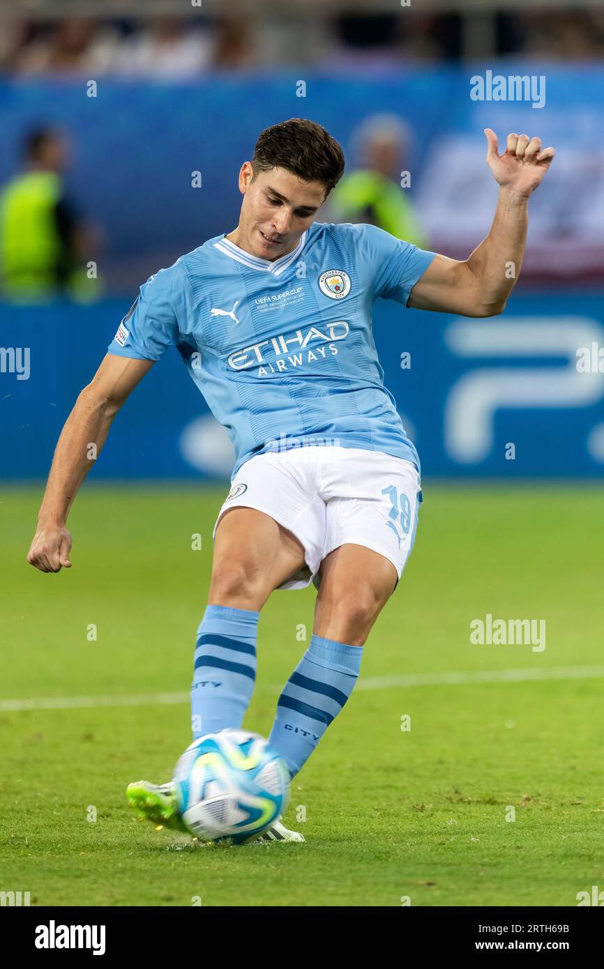 Athen, Griechenland - 16. August 2023: Spieler von Manchester City Julian Alvarez in Aktion während des UEFA-Superpokal-Endspiels zwischen Manchester City und Stockfoto