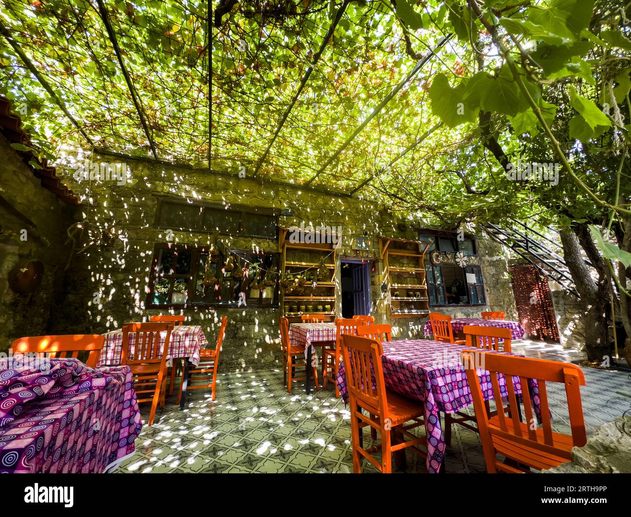 Ein Restaurant mit bunten Tischen und Stühlen, schattiger Platz mit Weinreben. Hochwertige Fotos Stockfoto