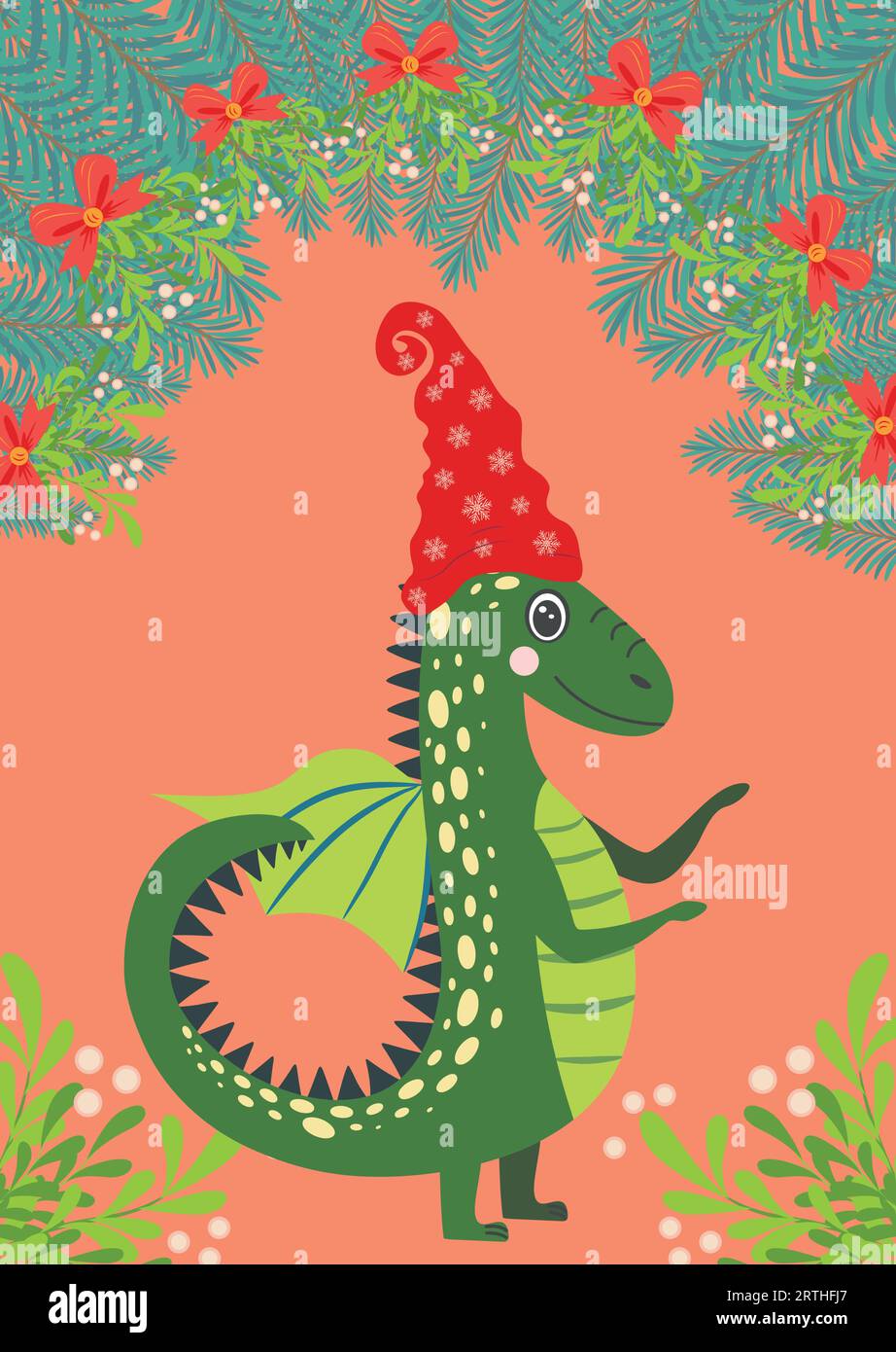Weihnachtskarte mit süßem grünen Drachen. Jahr des Drachen 2024, China. Stock Vektor