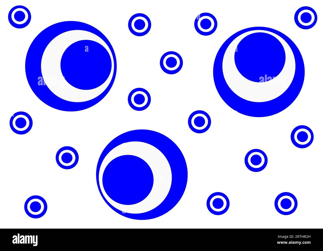 Blaues Fantasiemuster mit großen und kleinen Kreisen, weißem Hintergrund, Vektor Stockfoto