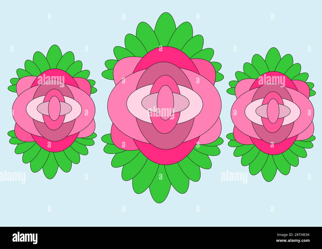 Abstrakte Blumen, die an Rosen erinnern, hellblauer Hintergrund, Illustration Stockfoto