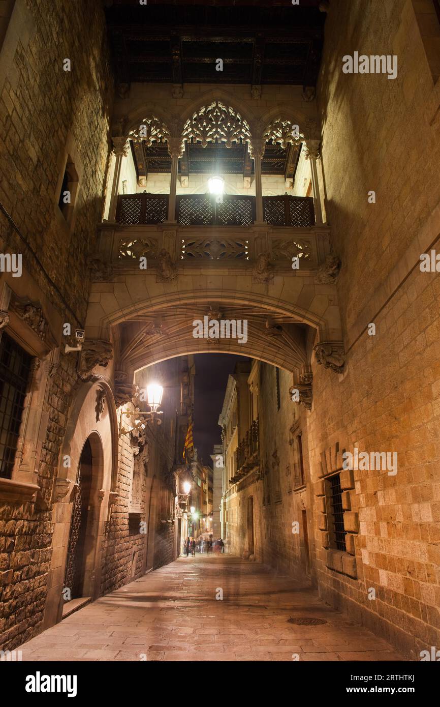 Spanien, Barcelona, Gotisches Viertel, Barri Gotic, Brücke über die Straße Carrer del Bisbe bei Nacht Stockfoto