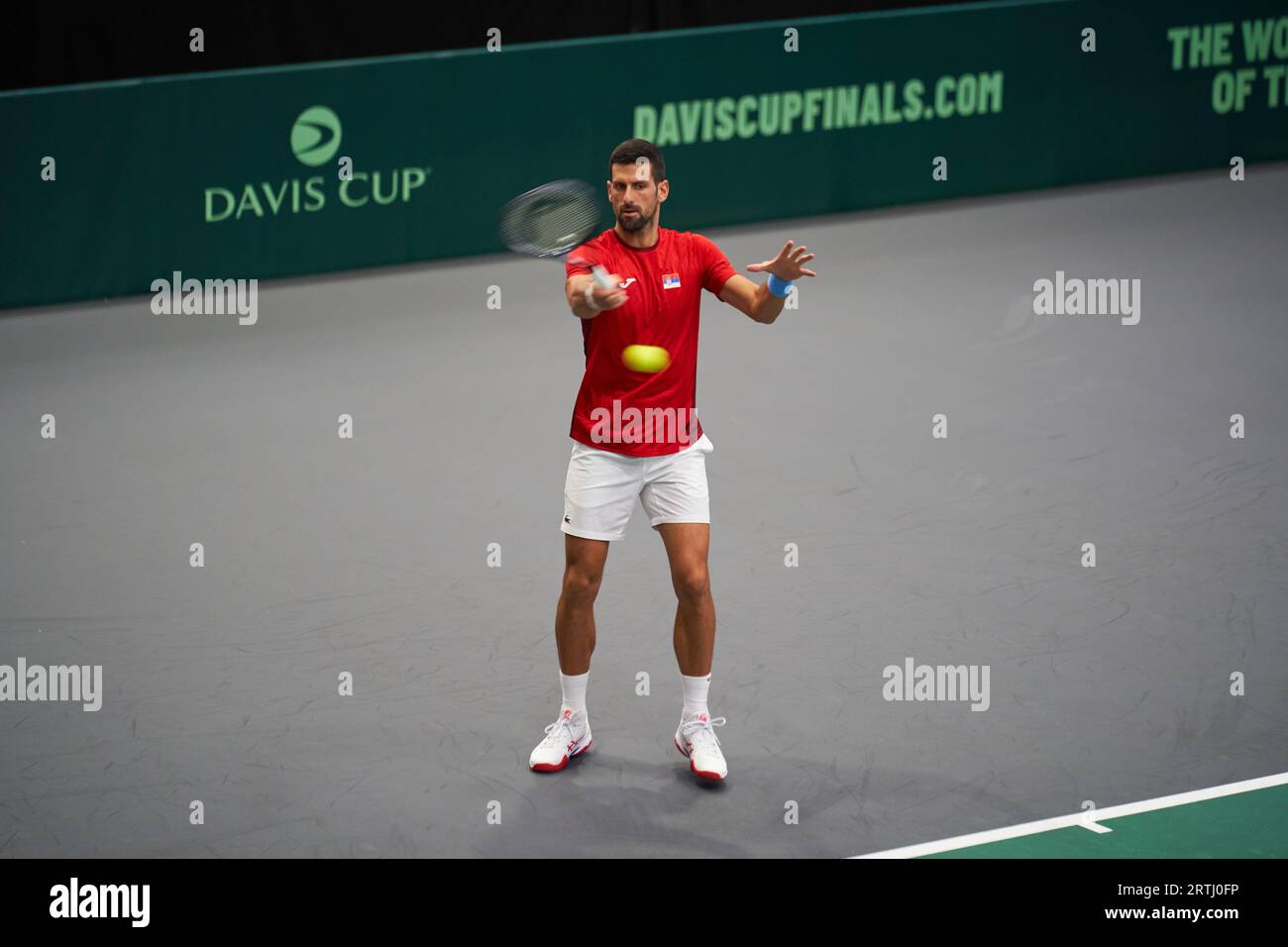 Novak Djokovic aus Serbien trainiert am 13. September 2023 in den Valencia Davis Cup Finals, Gruppe C, im Fuente de San Luis Stadion (Valencia, Valencia DAV) Stockfoto