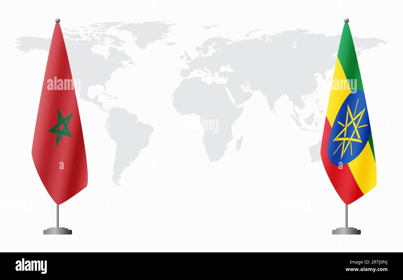 Marokko und Äthiopien Flaggen für offizielles Treffen vor dem Hintergrund der Weltkarte. Stock Vektor