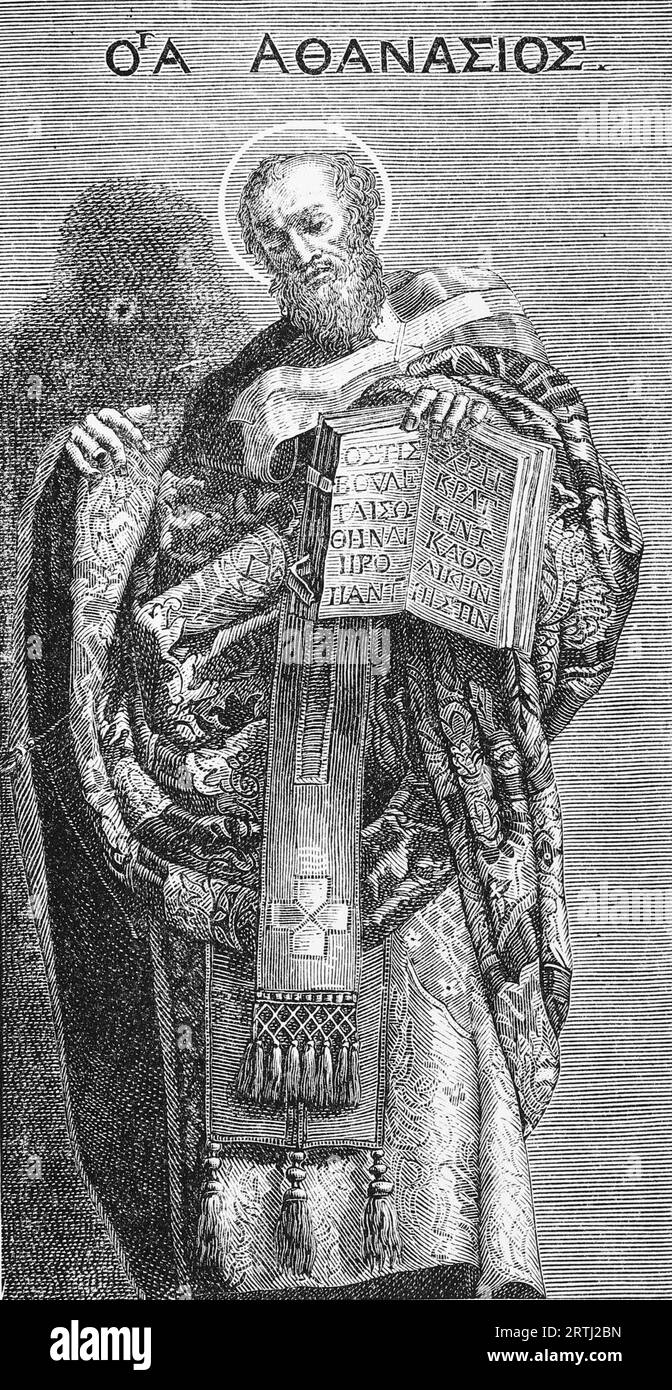 Athanasius, 20. Papst von Alexandria als Athanasius der 1. Gravur eines Bildes von Dominichino in der Kirche von Grotta, Ferrata, bei Rom. Aus dem Leben der Heiligen (Mai) von Sabin Baring-Gould, 1897. Stockfoto