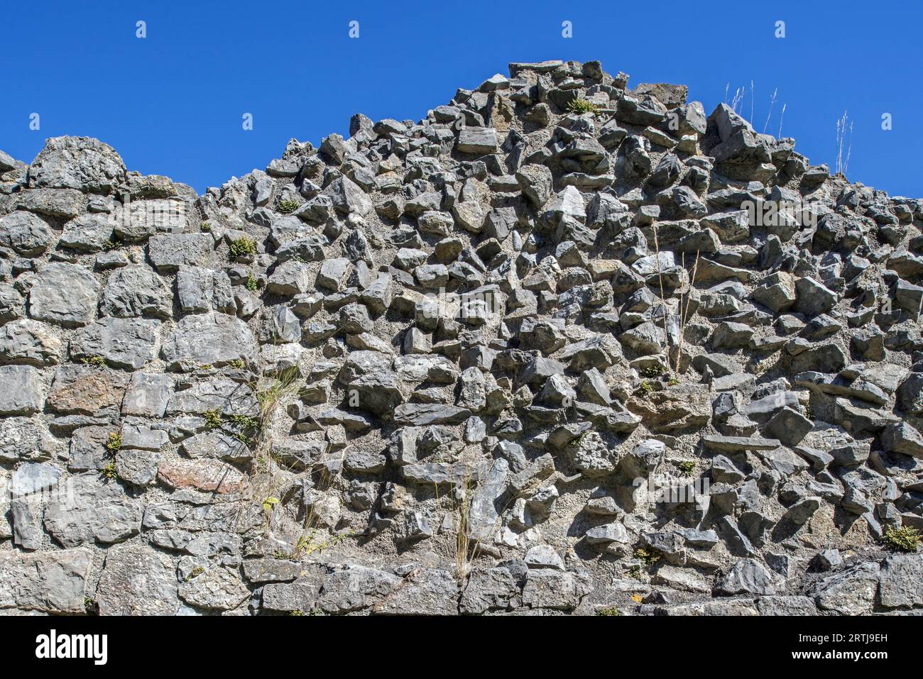 Dicke Steinmauer der mittelalterlichen Burg, die zwei Arten von Mauerwerk zeigt, Schutt auf der Innenseite und regelmäßig geschnittener Stein, genannt Ashlar, auf der Außenseite Stockfoto