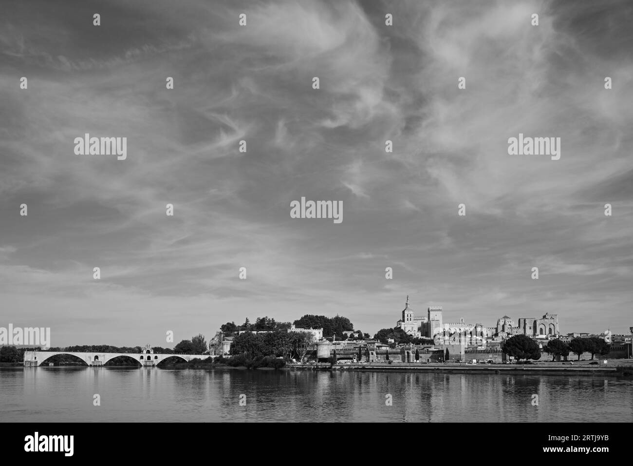 AVIGNON STADTMAUERN UND STADTMAUER UND PALAST VON GEGENÜBER DER RHONE Stockfoto