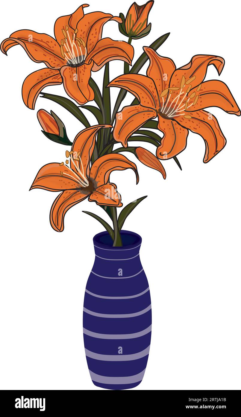 Orangefarbenes Tigerlilie-Blumenarrangement in blau gestreifter Vase. In der viktorianischen Blumensprache bedeutet das leidenschaftliche Begehren und/oder Hass. Stock Vektor