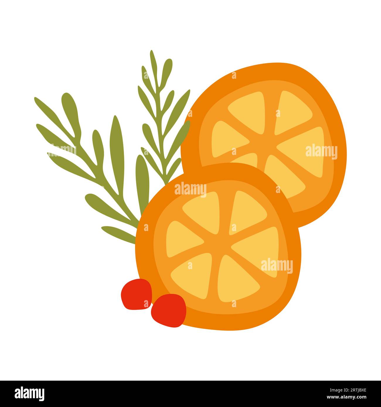 Zwei Orangenscheiben, Rosmarin und Preiselbeeren. Zitrusstücke, Beeren und Gewürze für heiße Getränke. Komfort und Gemütlichkeit, erfrischendes Getränk. Poster oder banne Stock Vektor