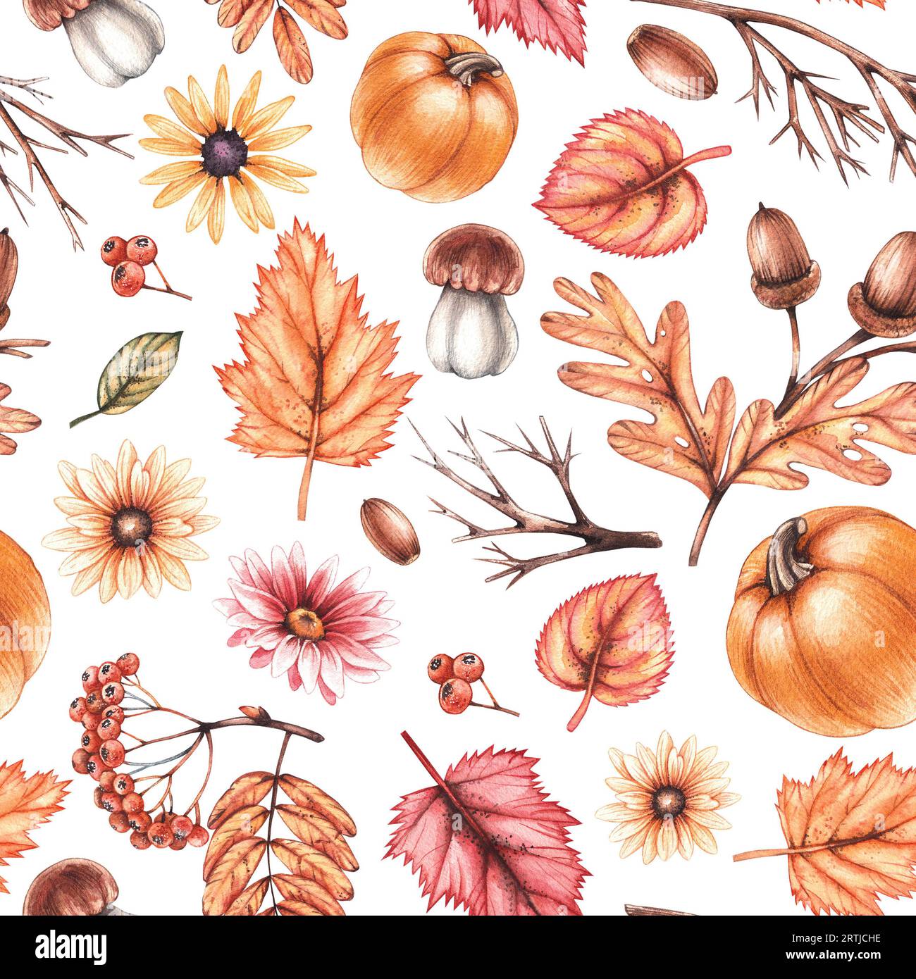 Wasserfarbenes Herbstmuster. Von Hand gezeichnete Herbstblumen, Blätter, Pilze nach einem Muster. Muster mit Herbstpflanzen für Urlaubs- und Festivalartikel. Naht Stockfoto