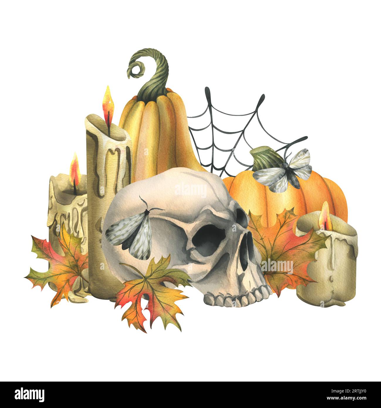Menschlicher Schädel mit orangen Kürbissen, Kerzen, Nachtfalter, Spinnweben und Herbstblättern. Handgezeichnete Aquarellillustration für Halloween und Day of the Stockfoto
