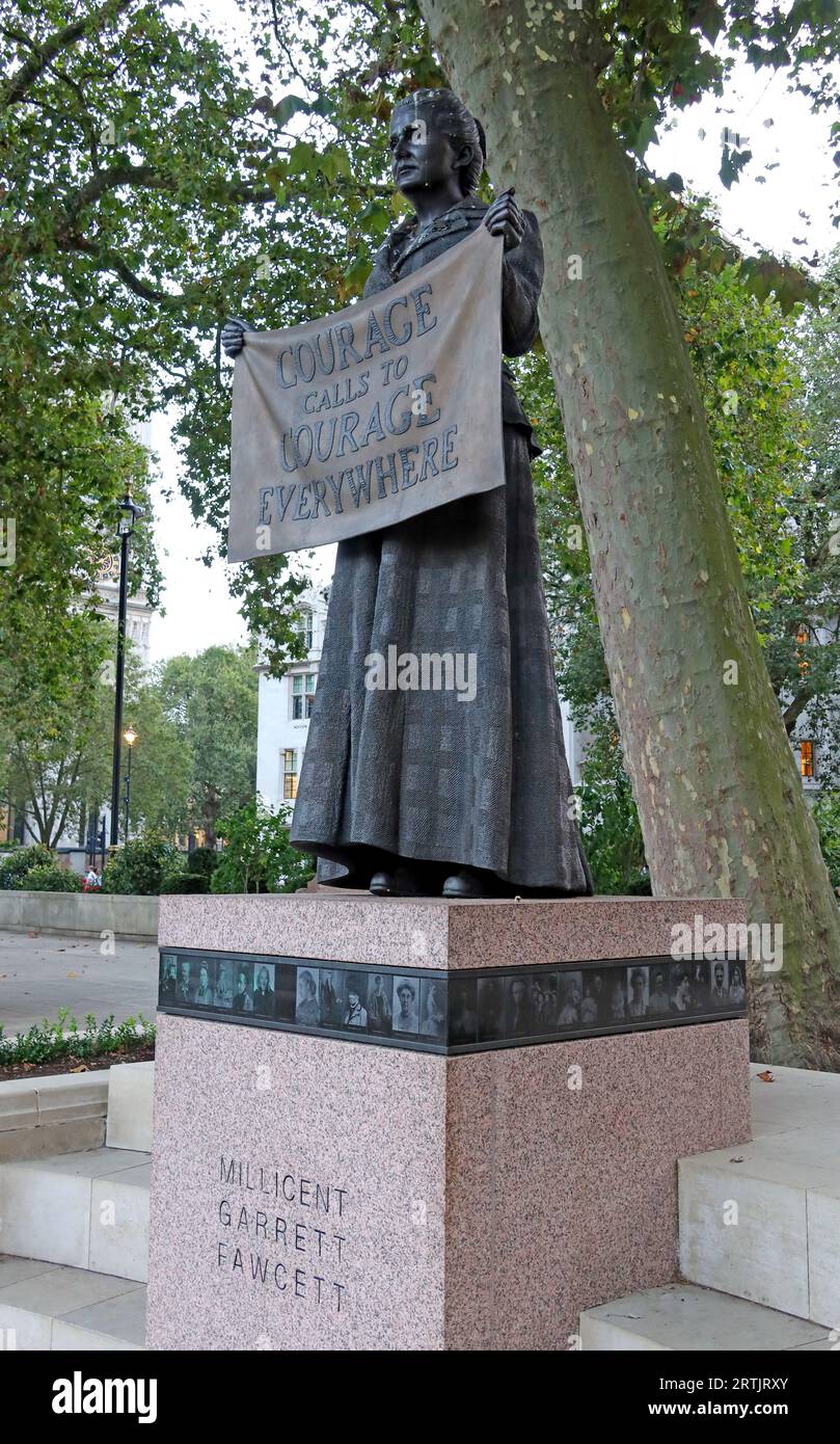 Bronzestatue des britischen Suffragistenführers und Sozialaktivist Millicent Fawcett auf dem Parliament Square, London, England, UK, SW1P 3JX Stockfoto