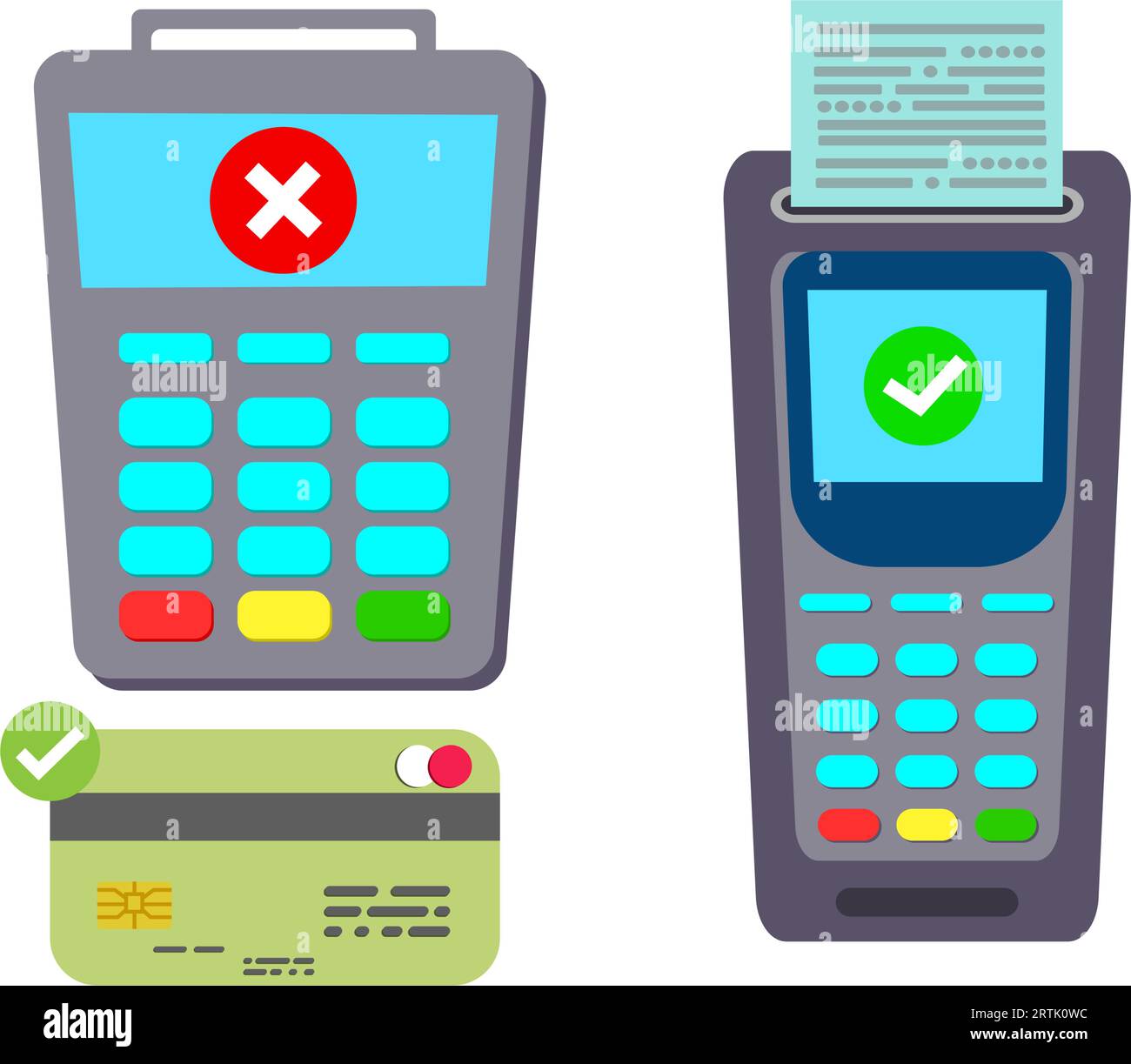 Zahlungsterminal-POS mit Bankkarte und Beleg drucken. Elektronische Transaktionsmaschine – bargeldlose Technologie. Kontaktlose Zahlungstransaktion Stock Vektor