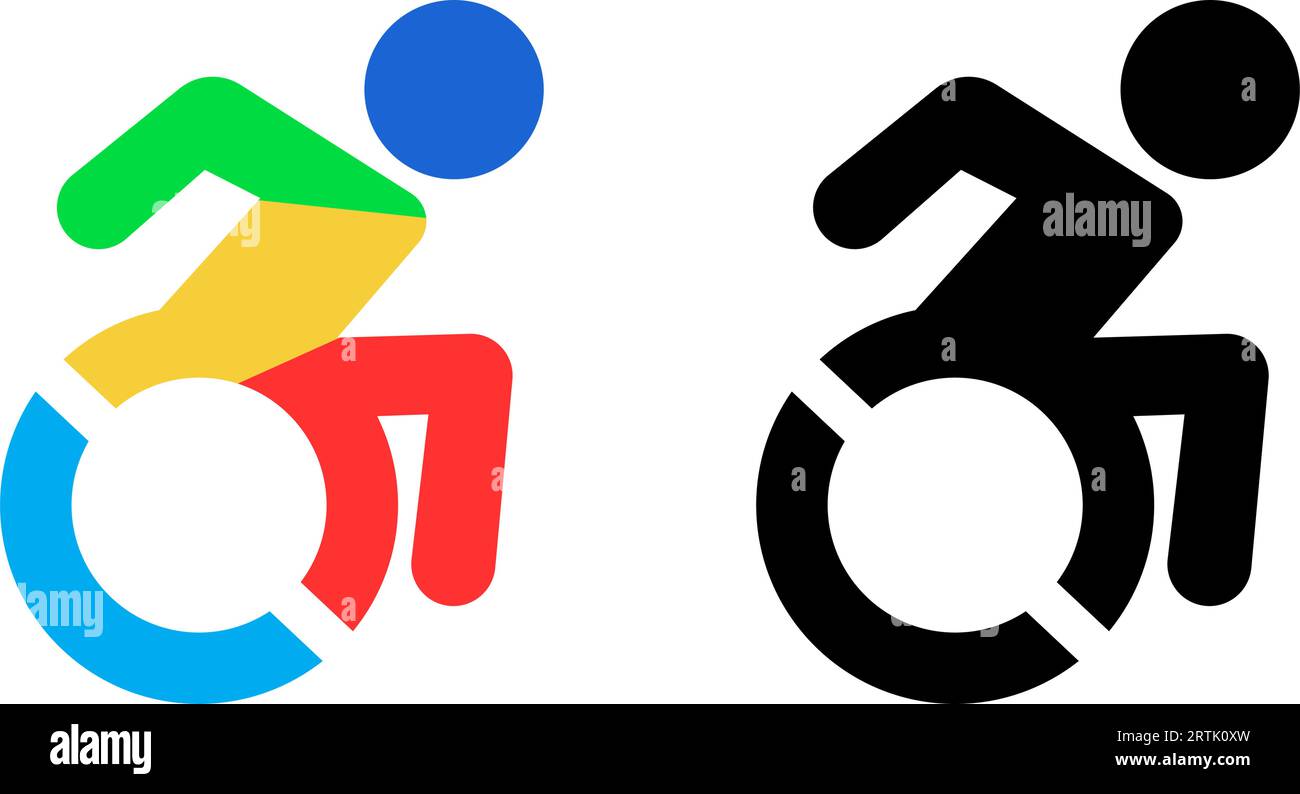Symbol für Rollstuhlfahrer. Symbol des Welttages für Invalidität, des Welttages für Autismus. Behindertensymbol, ein Mann im Rollstuhl. Behinderter Patient A Stock Vektor