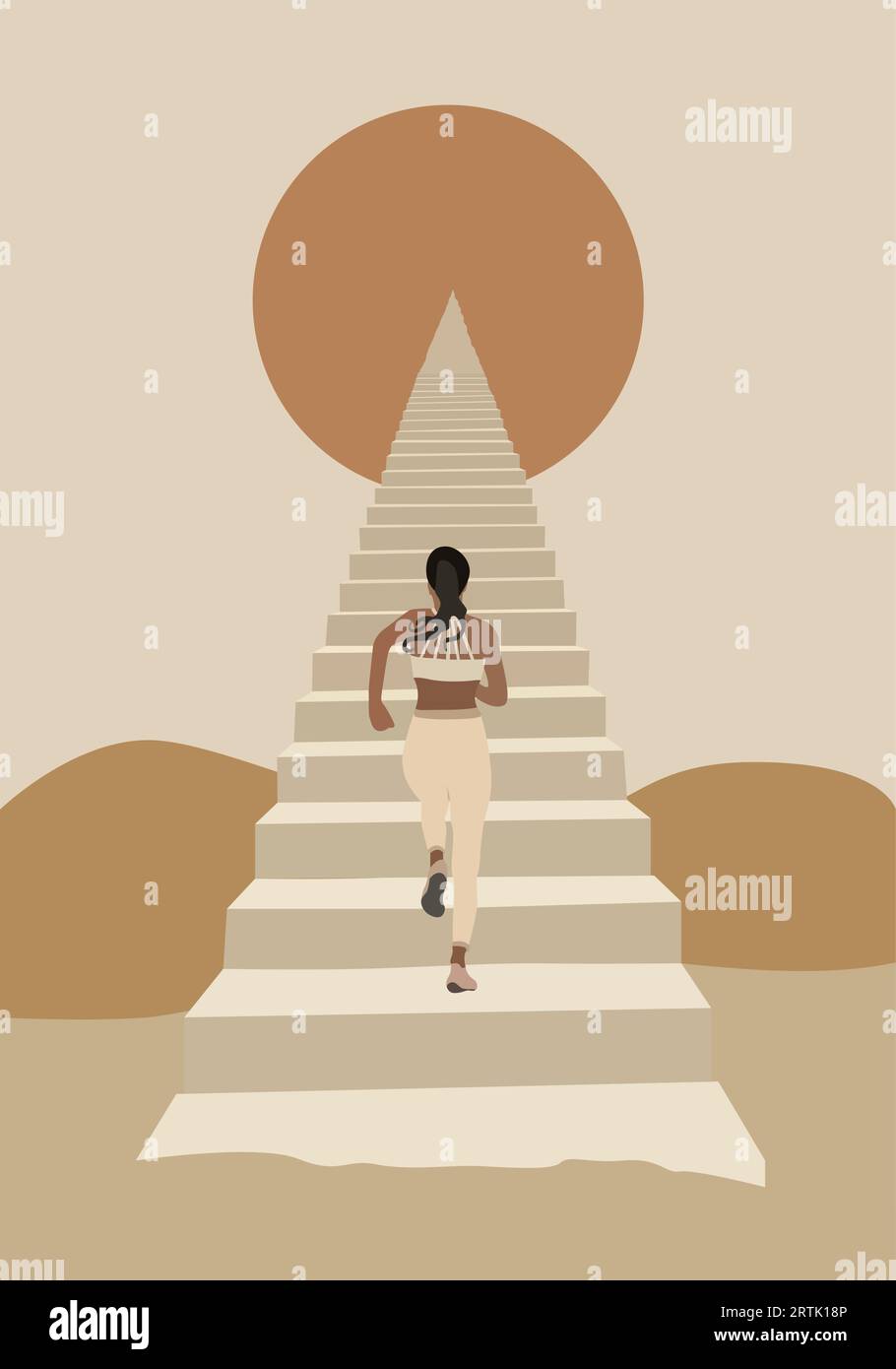 Illustration einer Frau, die die Treppe hinauf zur Spitze der pyramidenförmigen Treppe zur Sonne, zum Mond oder zum Stern zwischen den Hügeln im Retro-Stil geht Stock Vektor