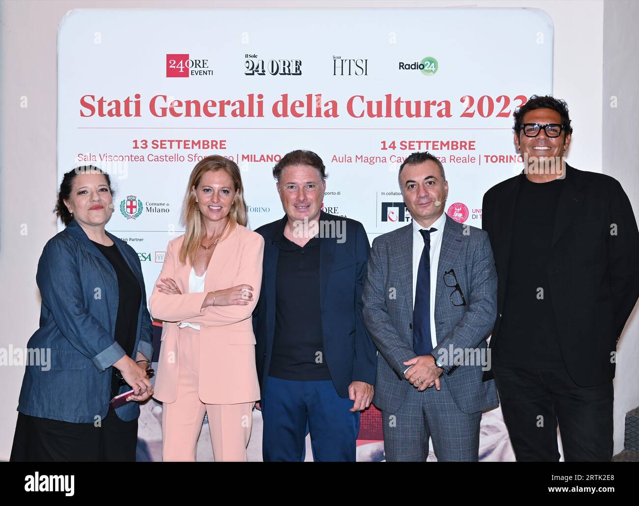 Mailand, . September 2023. Mailand, Italien ALLGEMEINE KULTURSTAATEN 2023 auf dem Foto: Sergio Cerruti, Präsident der AFI - italienische Phonographische Vereinigung Enzo Mazza, CEO FIMI - italienische Musikindustrie Federation Federica Tremolada, Geschäftsführer Süd- und Osteuropa Spotify Andrea Biondi, Il Sole 24 Erz Journalistin, Marta Cagnola, Journalistin und Radio 24 Moderatorin Credit: Independent Photo Agency/Alamy Live News Stockfoto