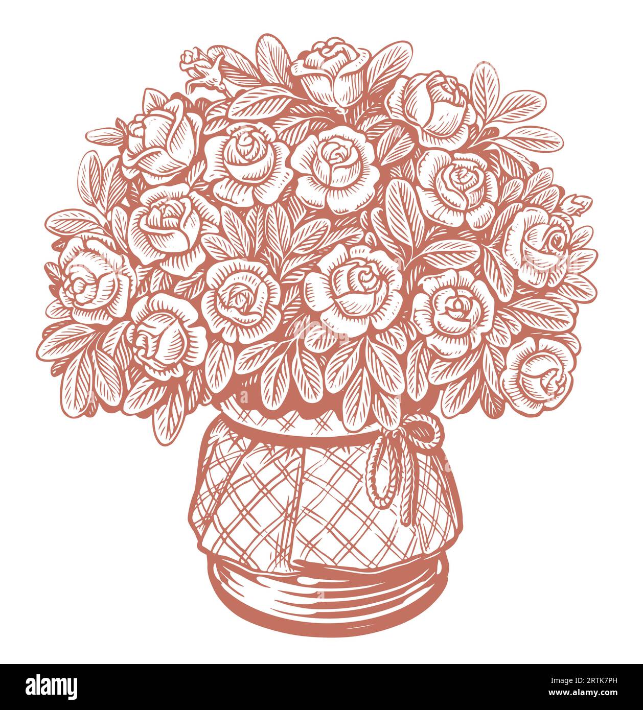 Rosen mit Blättern im Topf. Blumenstrauß im Vintage-Stil. Skizzenvektorillustration Stock Vektor