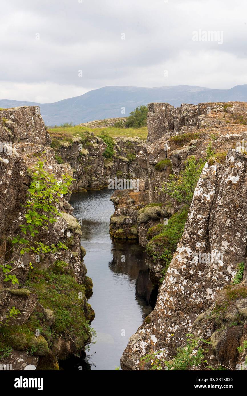 Thingvellir Nationalpark Island Kontinentalscheide - tektonische Drift zwischen nordamerikanischer Platte und eurasischer Platte. Þingvellir - Island. Stockfoto