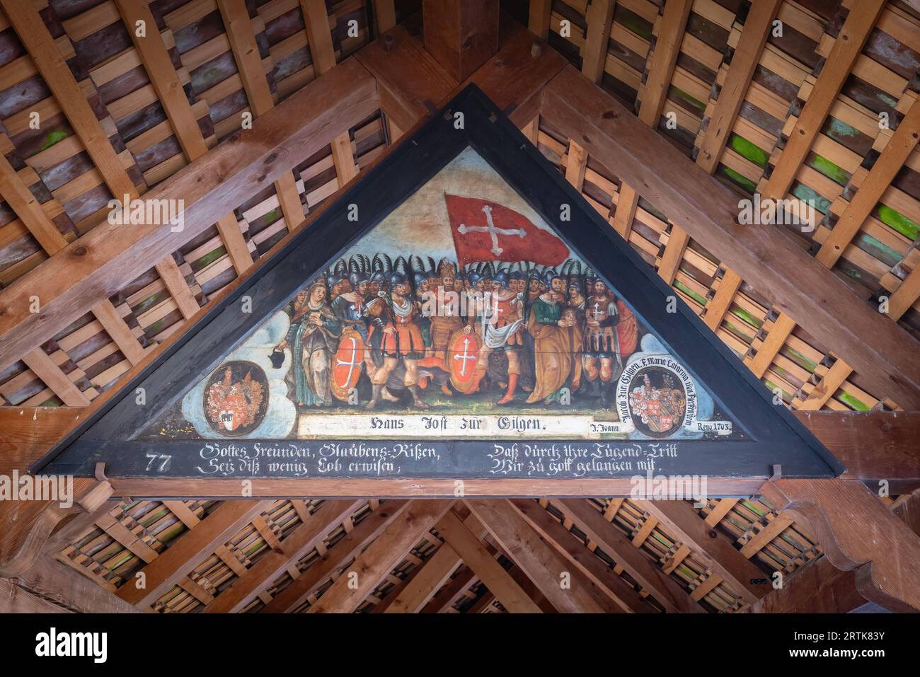 Theban Legion mit Verena und Regula - Gemälde mit Ereignissen aus der Luzerner Geschichte an der Kapellbrücke - Luzern, Schweiz Stockfoto