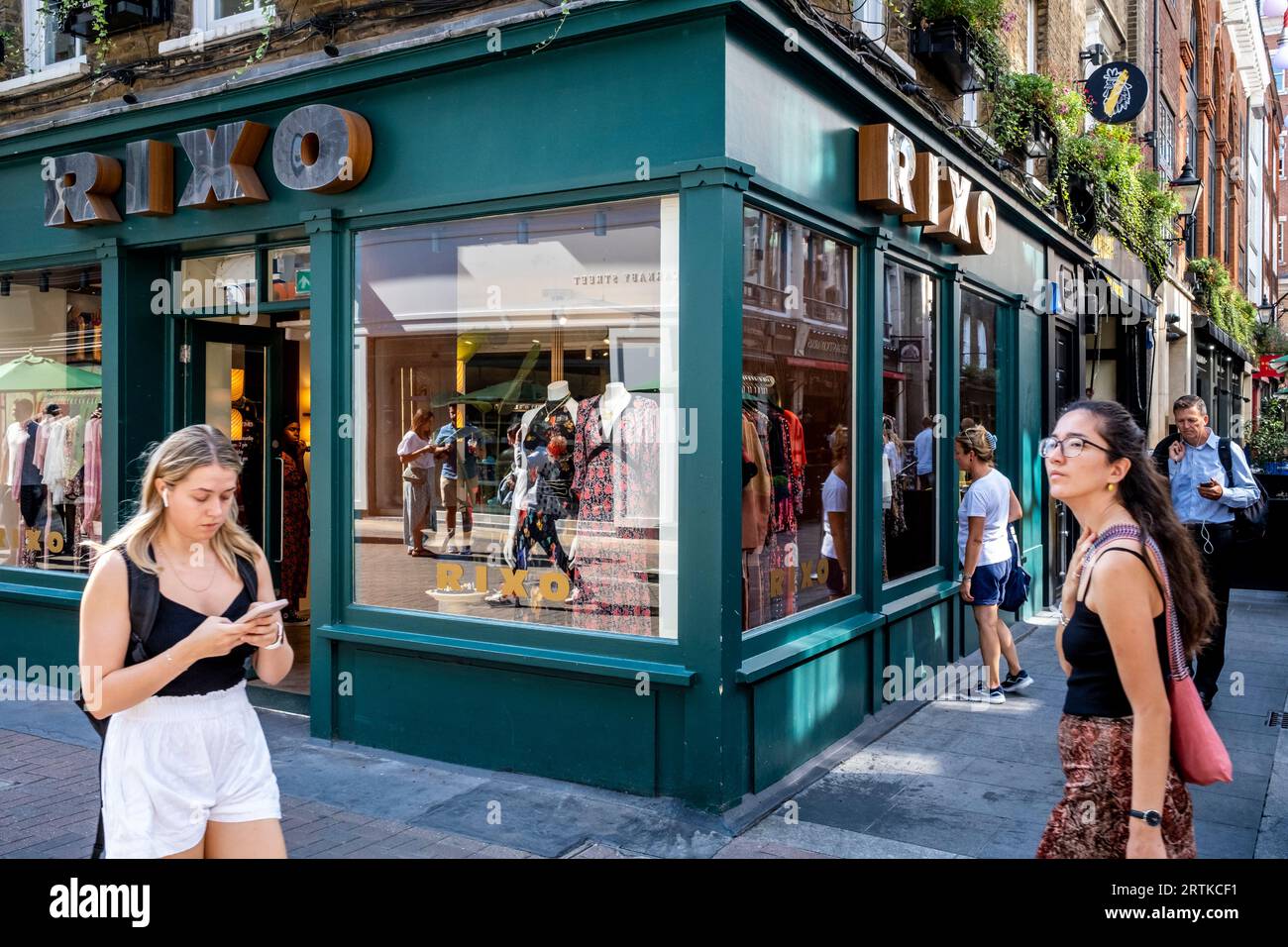 The Rixo Clothing Shop, Carnaby Street, Soho, London, Großbritannien. Stockfoto