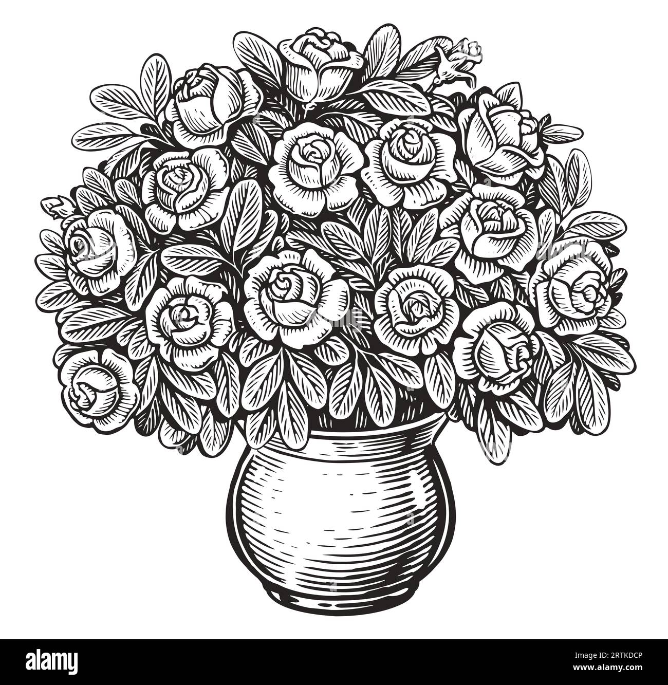 Blumenstrauß im Topf. Rosen mit Blättern. Handgezeichnete Skizzenillustration im Vintage-Gravurstil Stockfoto