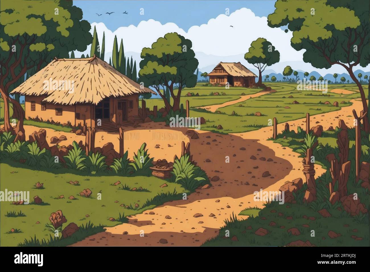 Eine Illustration eines indischen Dorfes mit Ackerland und Bäumen im Hintergrund Stock Vektor