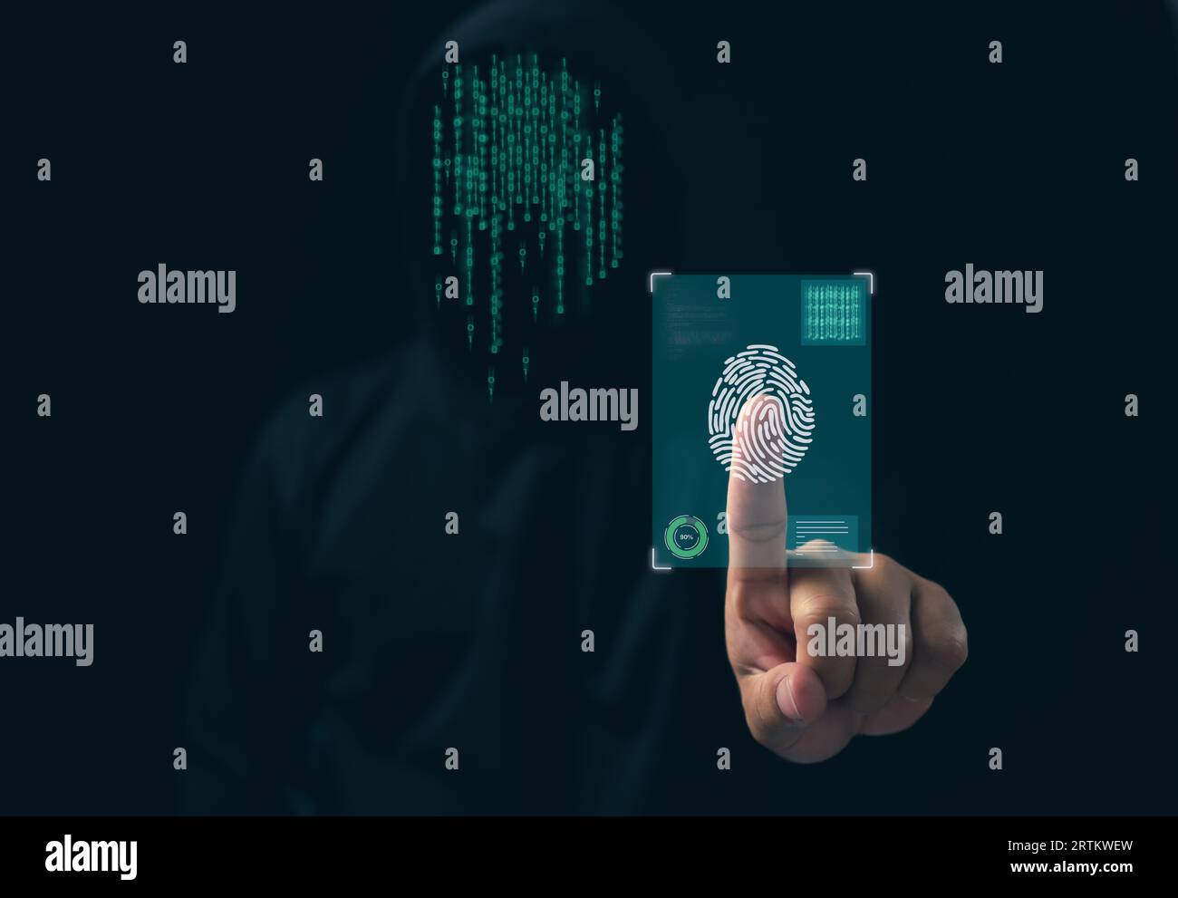 Der Hacker scannt Fingerabdrücke im Dunkeln. Konzept der Informationssicherheit in Internet-Netzwerken und Spionage. Stockfoto