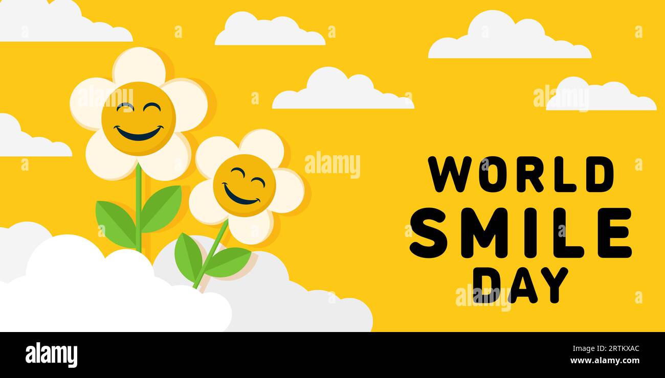 World Smile Day Illustration horizontales Banner mit Blumenlächelgesicht Stock Vektor