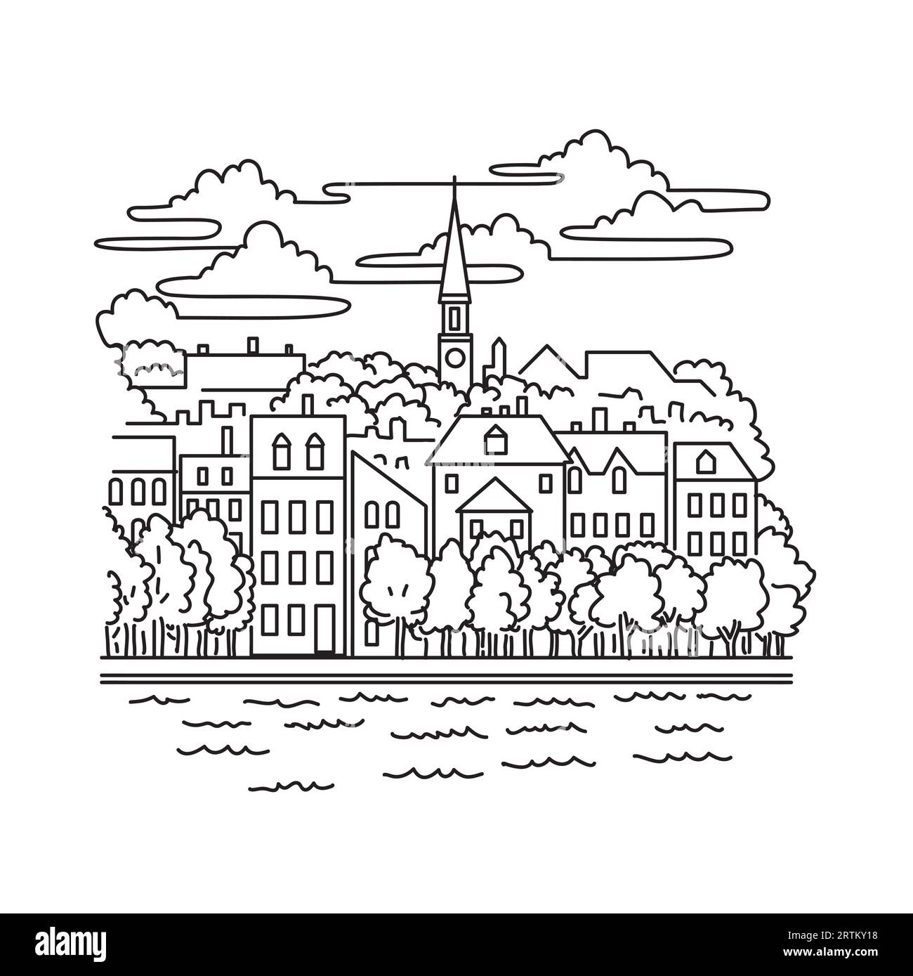 Einzeilige Illustration der Altstadt von Alexandria entlang des Potomac River in der Stadt Alexandria, Virginia, Vereinigte Staaten von Amerika in Monoline l Stockfoto