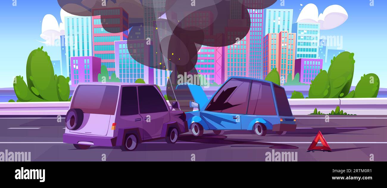 Autounfall auf der Straße in der Stadt - Frontalaufprall und Unfall zweier Automobile. Comic-Vektor-Illustration von kaputten Fahrzeugen mit zerknitterten Rauchabzügen auf der Autobahn in der Stadt. Fahren Sie Wrack auf der Straße. Stock Vektor