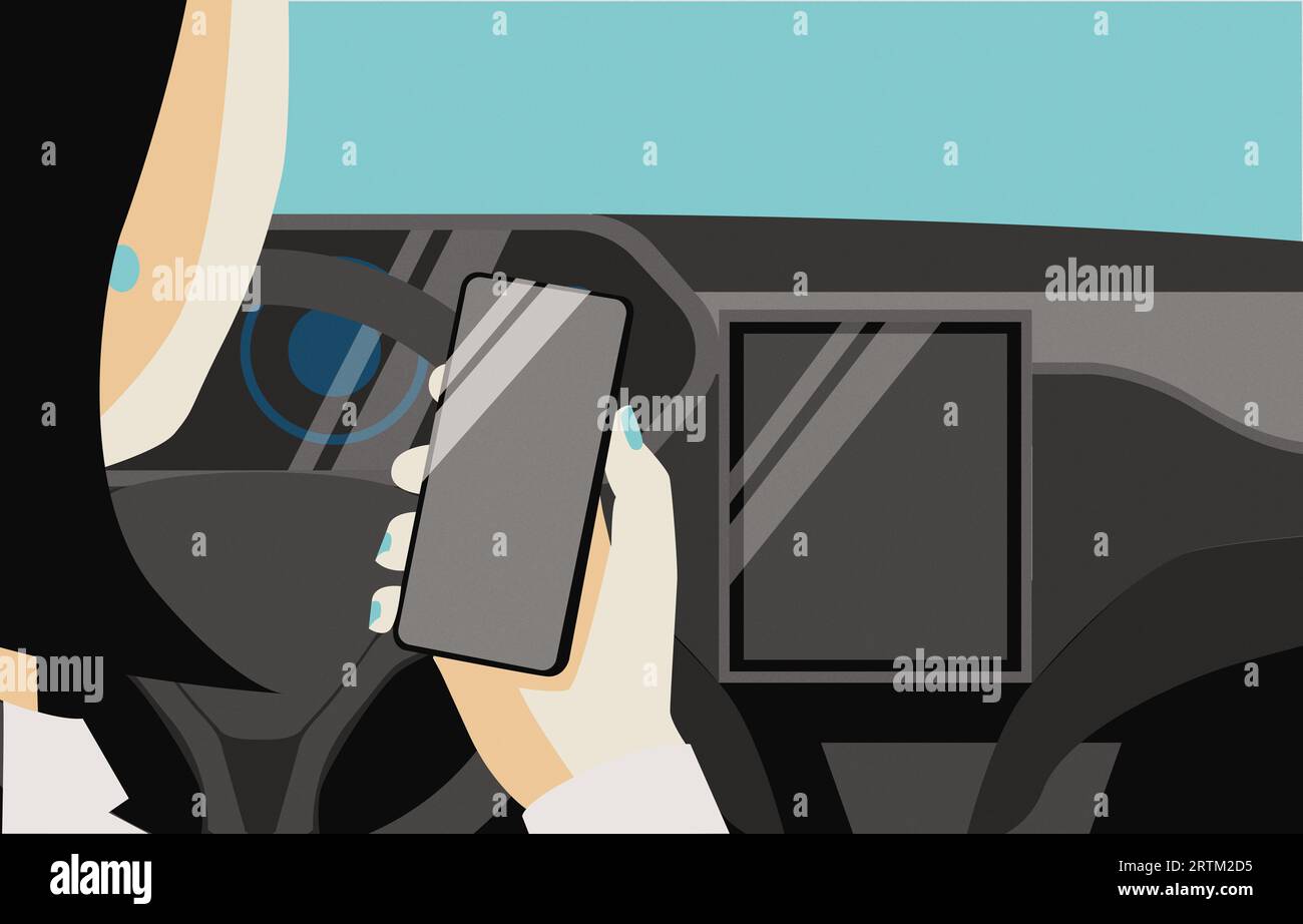 Frau im Elektroauto, die den Bildschirm ihres Smartphones und den Smart-Screen ihrer Autofrau im Elektroauto mit Smartphone-Apps im flachen Stil vergleicht Stockfoto