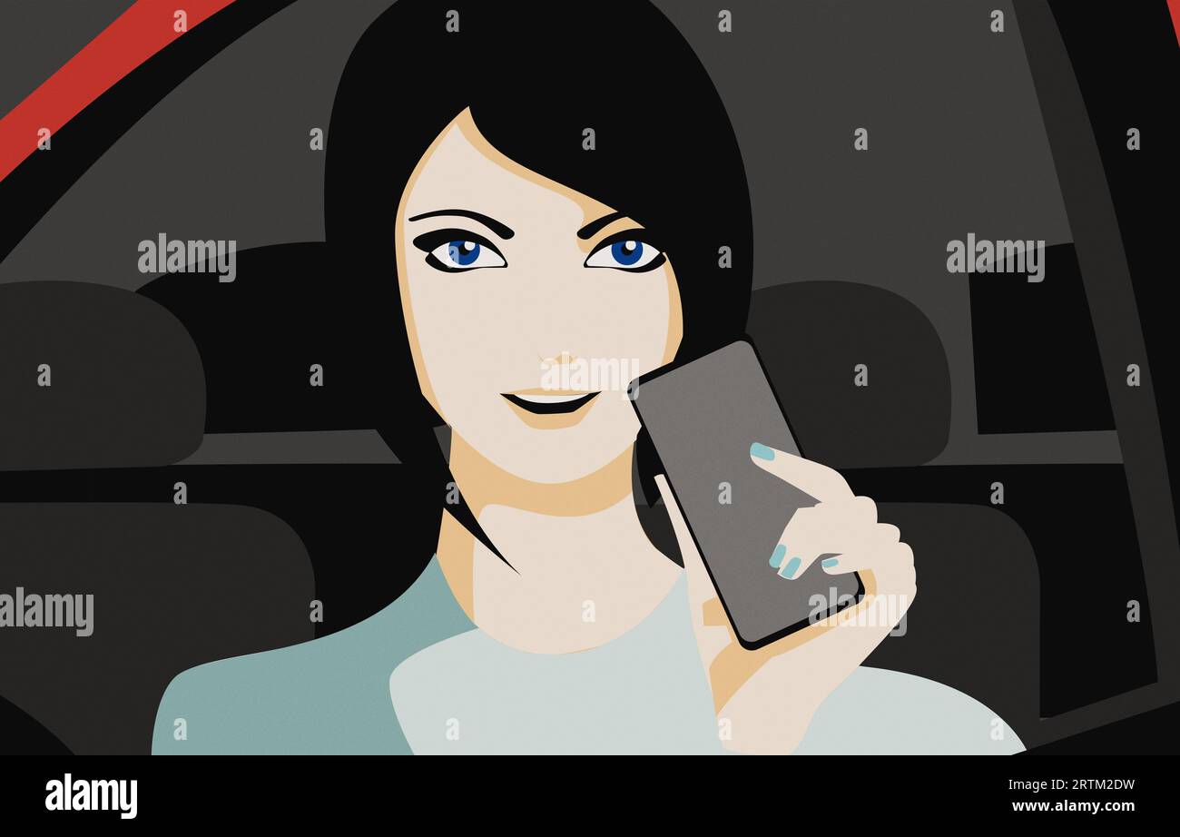 Frau im Elektroauto zeigt eine App oder einen QR-Code von ihrem Smartphone-Bildschirm flache Darstellung Ersetzen Sie den Bildschirm durch eine Überlagerungsebene Stockfoto