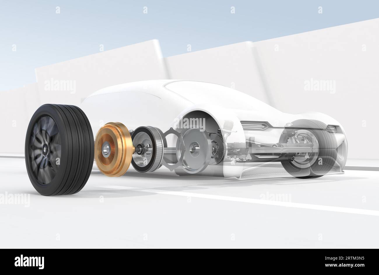 Technische Zeichnung eines futuristischen Elektroautos, ausgestattet mit Inwheel-Motoren, die auf der Straße fahren. Explosionsansicht. 3D-Rendering-Bild. Stockfoto