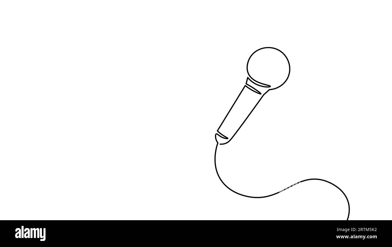 Mikrofon einzeilige Silhouette Stand Up Comedy Show Konzept. Art Fun Stage Free Open Mic Performance Silhouette Umrissvektor Illustration. Stock Vektor