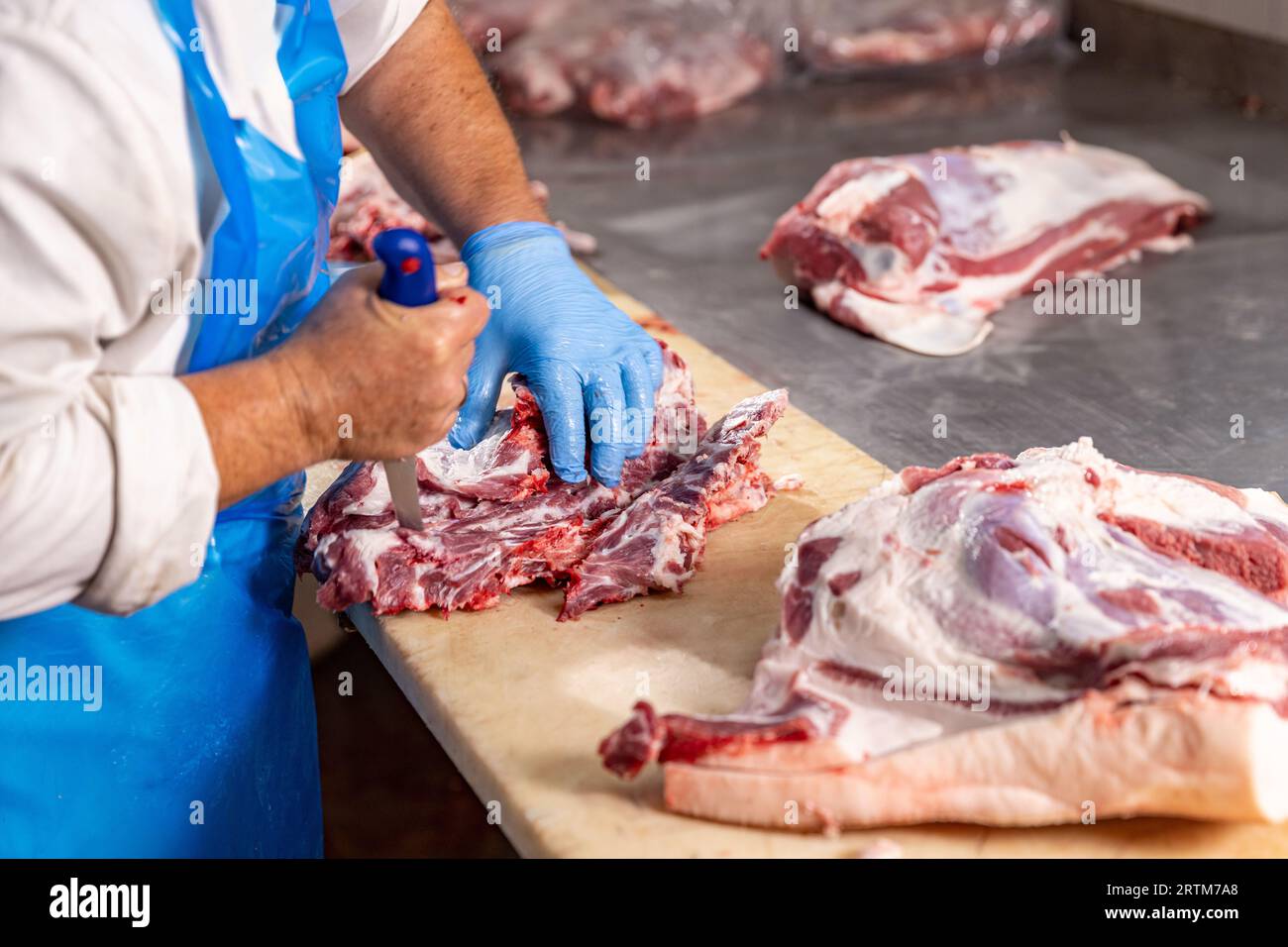 Nahaufnahme von geschnittenen Fleischstücken und männlichen Händen des Metzgers, der frisches Fleisch mit dem Messer schneidet. Stockfoto
