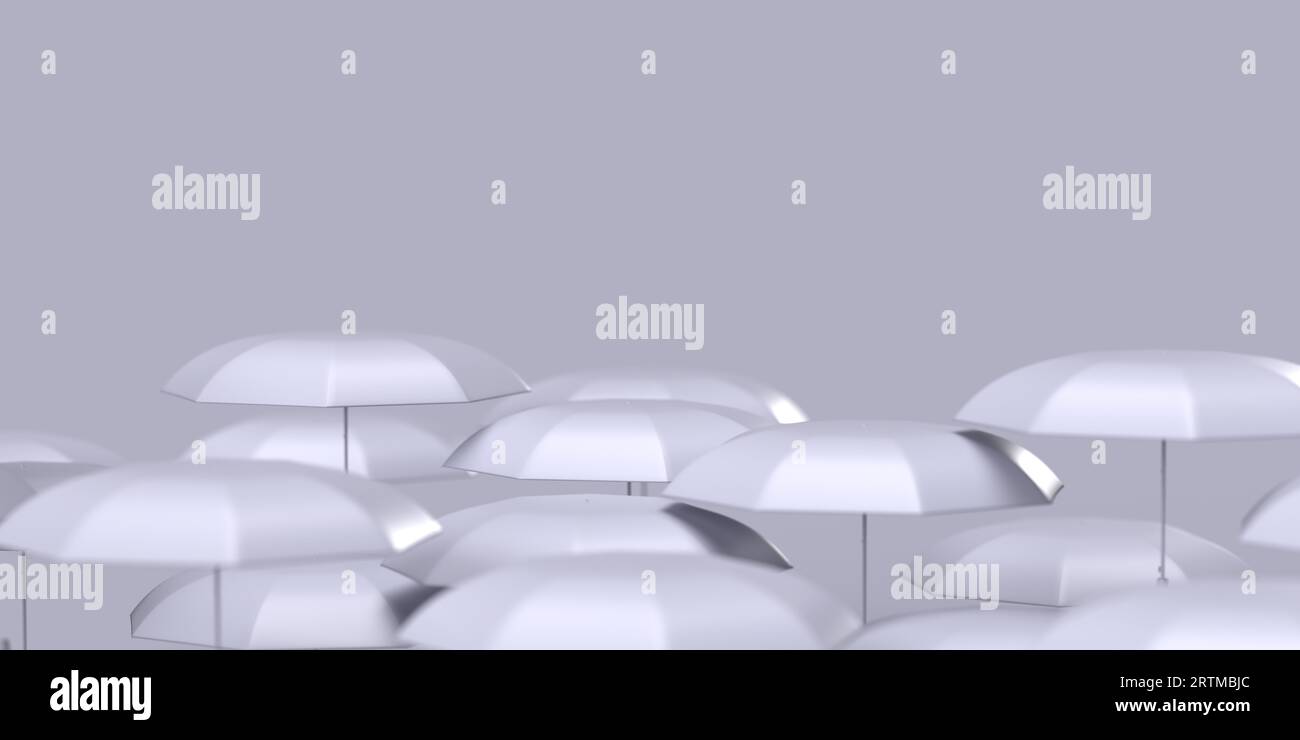 Seitenansicht auf vielen weißen Regenschirmen auf hellem 3-Render-Hintergrund, Kopierbereich. Saisonale Einladungskarte, Verkaufsposter, Marketingplakat. Mode Stockfoto
