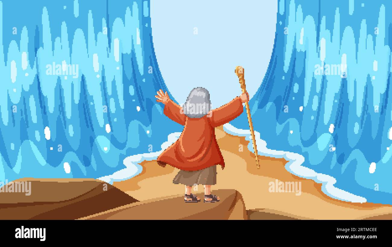 Eine lebendige Vektor-Zeichentrickillustration, die die ikonische Szene zeigt, in der Moses das Rote Meer trennt Stock Vektor