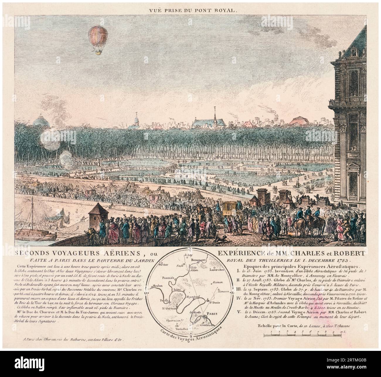 Der Wasserstoffballon von Jacques Charles und Marie-Noël Robert steigt am 1. Dezember 1783 aus dem Tuileries-Garten in Paris auf, bei der ersten bemannten Wasserstoffballonfahrt, handfarbige Ätzung von Benoît Louis Prévost, 1783 Stockfoto