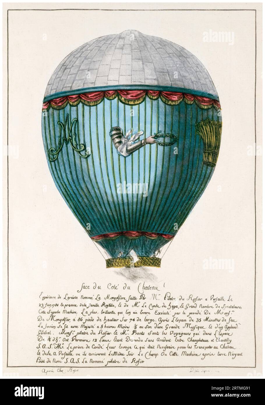 Der Marie-Antoinette-Heißluftballon von Jean-Francois Pilâtre de Rozier (1754–1785) auf dem Schloss von Versailles am 23. Juni 1784, handkolorierter Kupferstich um 1784 Stockfoto