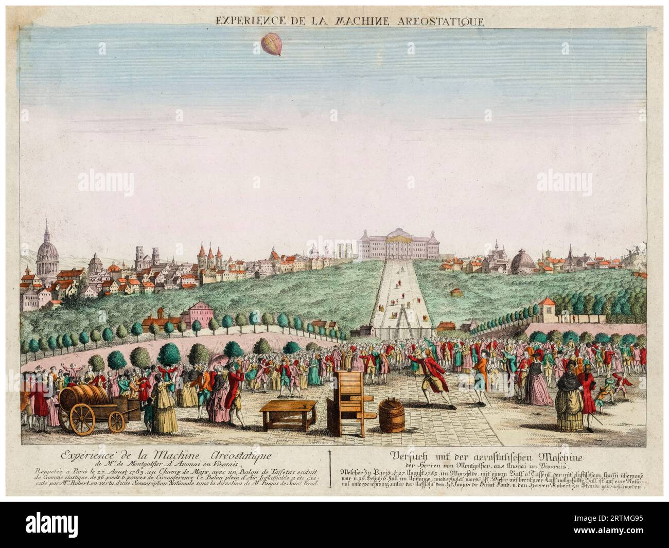 Der Heißluftballon der Brüder Montgolfier „The Aerostatic Globe“, der am 27. August 1783 von Champ de Mars in Paris, Frankreich, aufsteigt, handfarbige Ätzung, 1783 Stockfoto