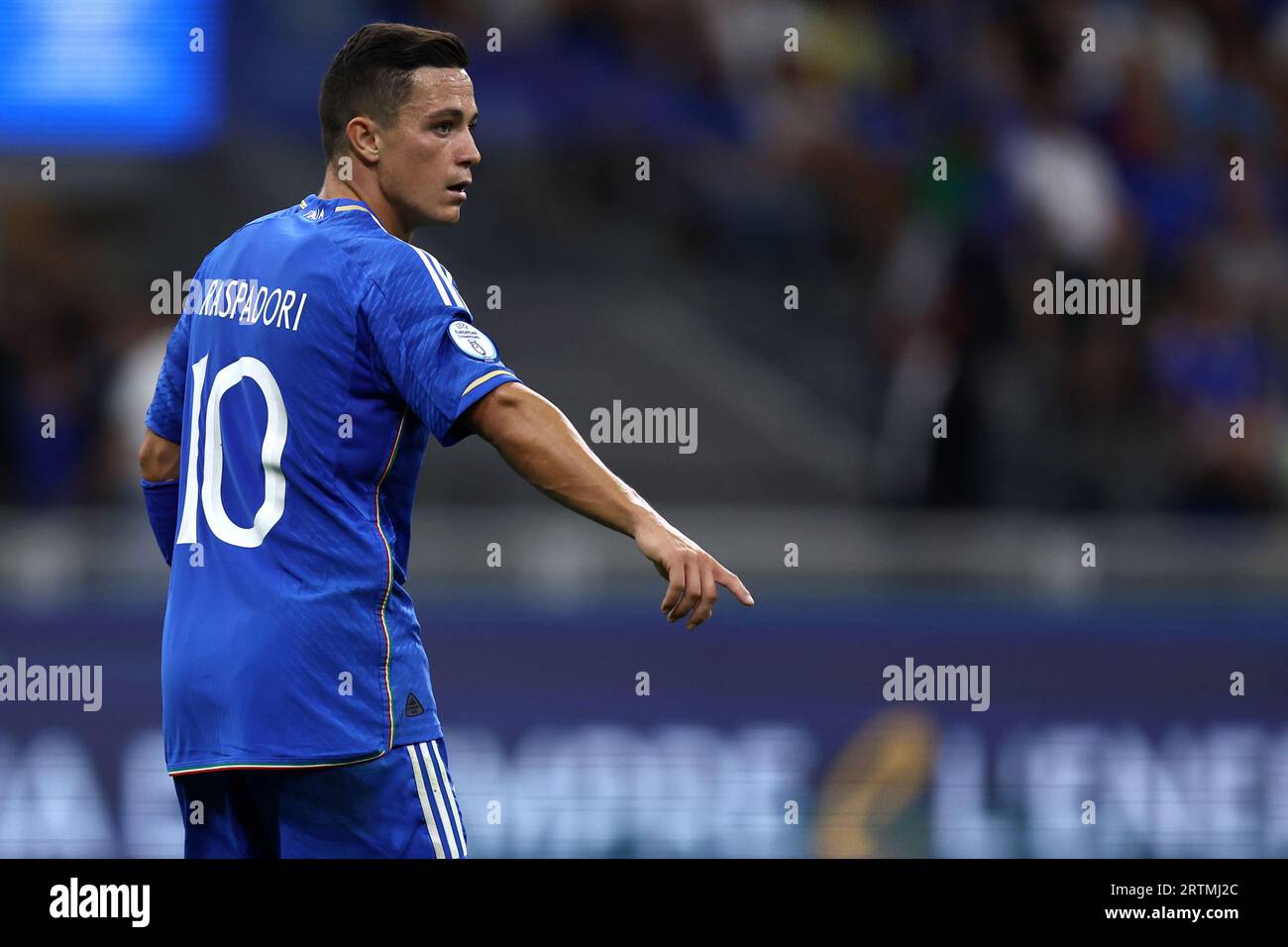 Giacomo Raspadori aus Italien zeigt beim Qualifikationsspiel zur UEFA EURO 2024 zwischen Italien und der Ukraine im Stadio San Siro am 12. September 2023 in Mailand, Italien. Stockfoto