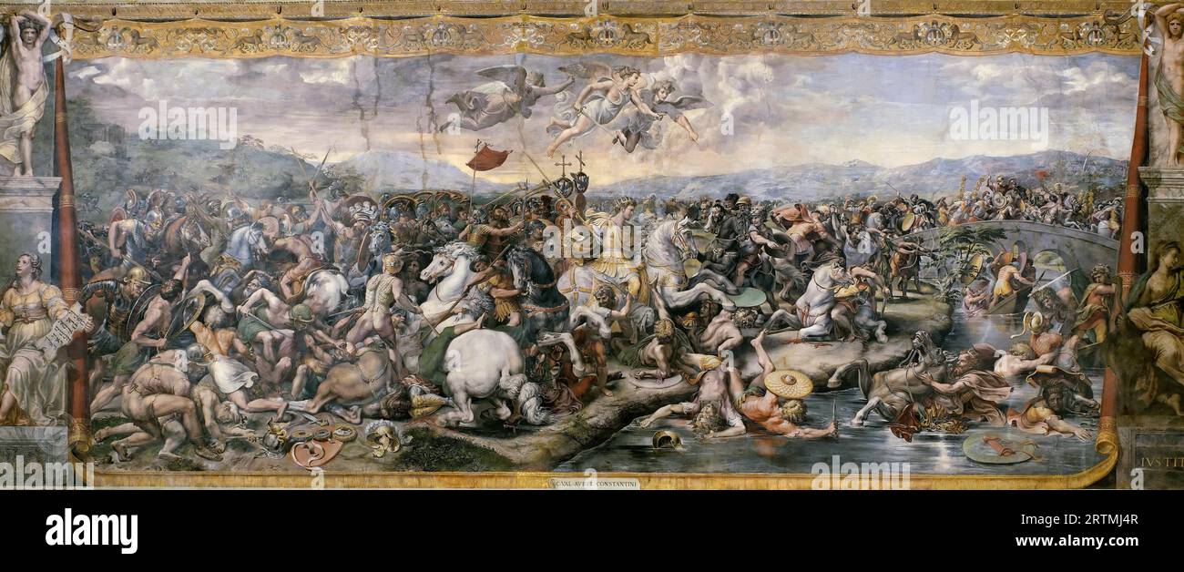 Raffaello Sanzio da Urbino) Raphael (Raffaello Santi – Saal von Konstantin: Die Schlacht an der Mailänder Brücke (Giulio Romano) 1520-24 Stockfoto